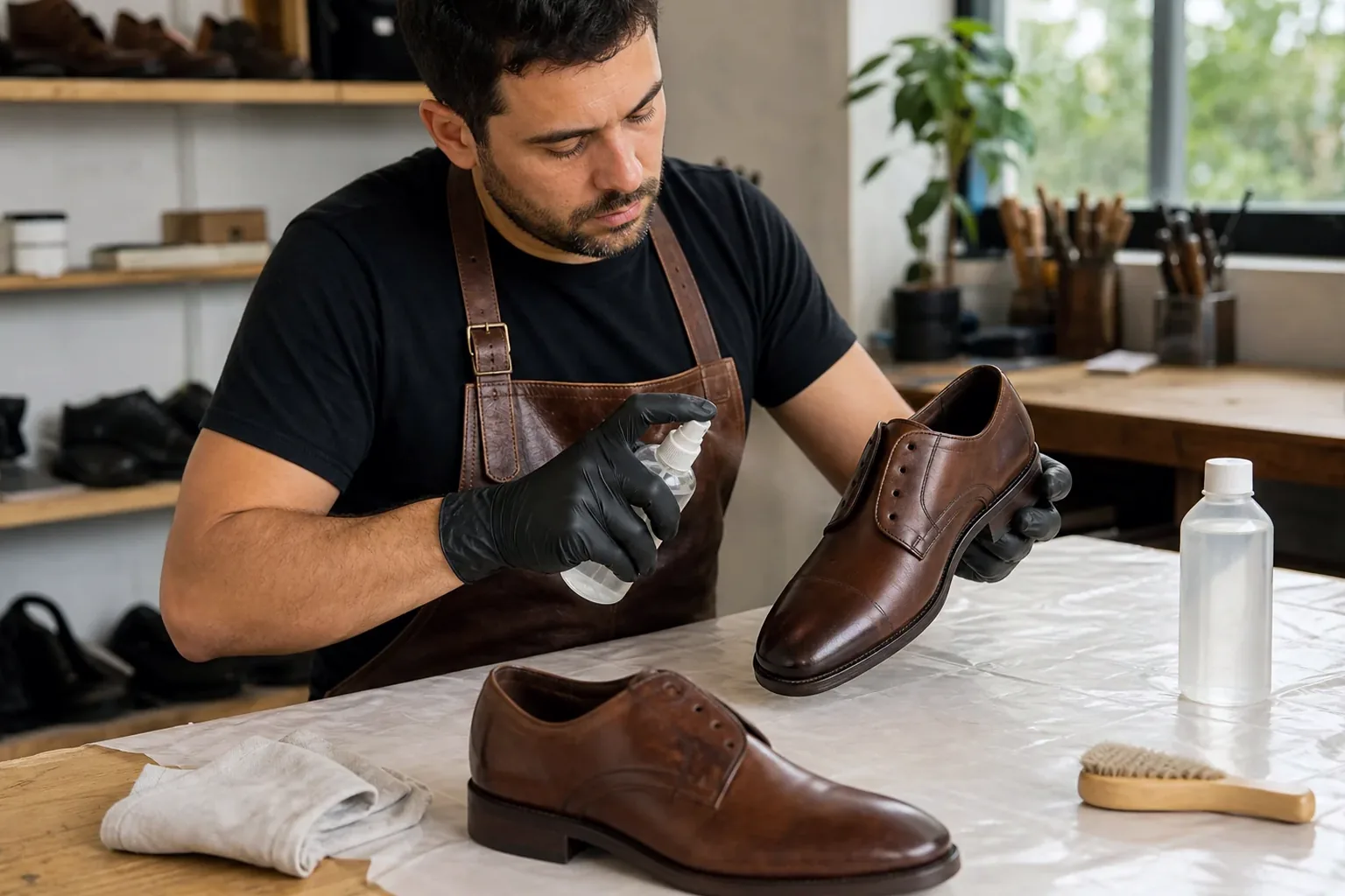 Profissional impermeabilizando calçados, com foco no processo e produtos.