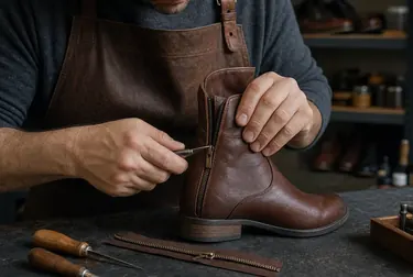 Profissional realizando conserto de zíper de bota, com atenção aos detalhes e ferramentas.