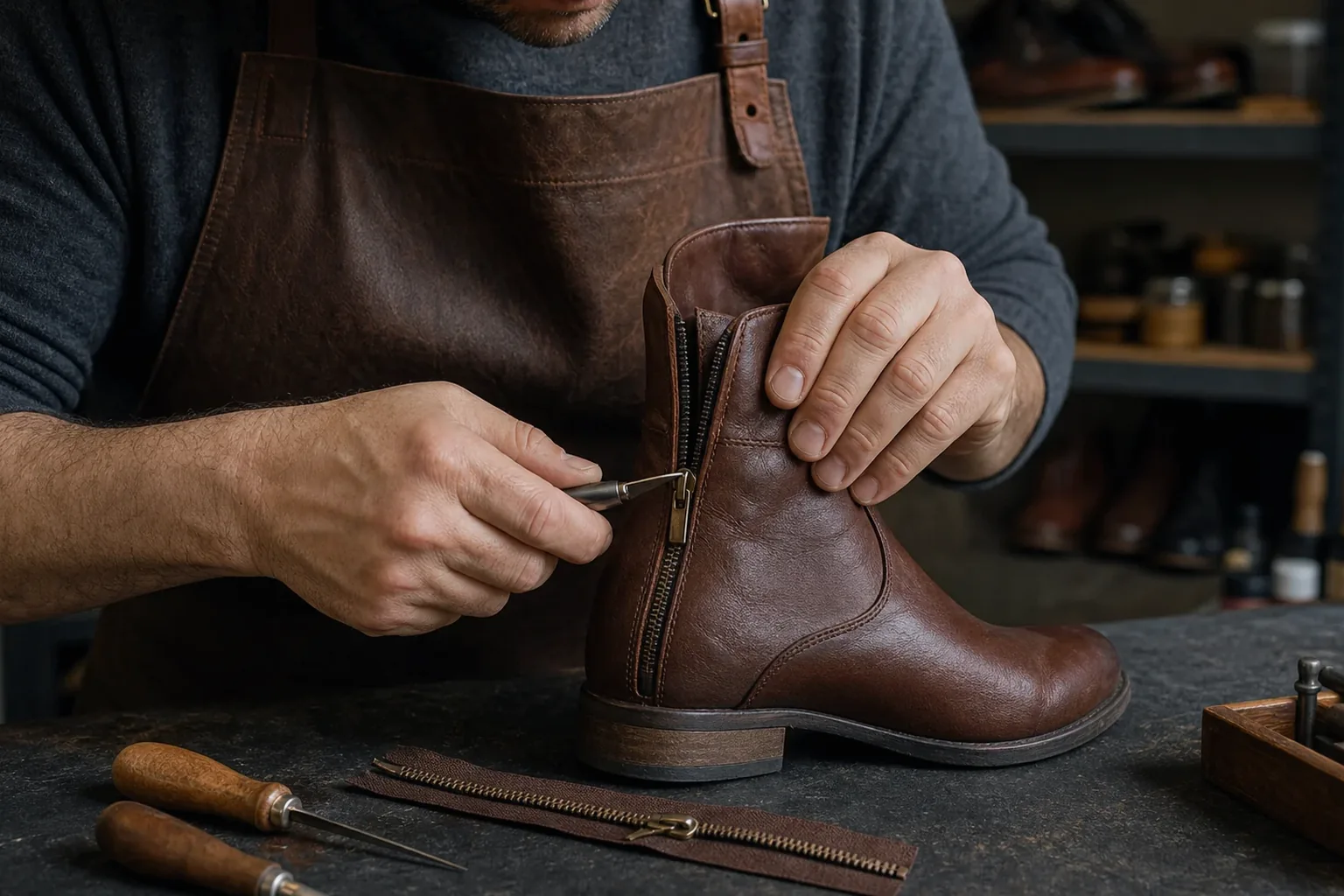 Profissional realizando conserto de zíper de bota, com atenção aos detalhes e ferramentas.