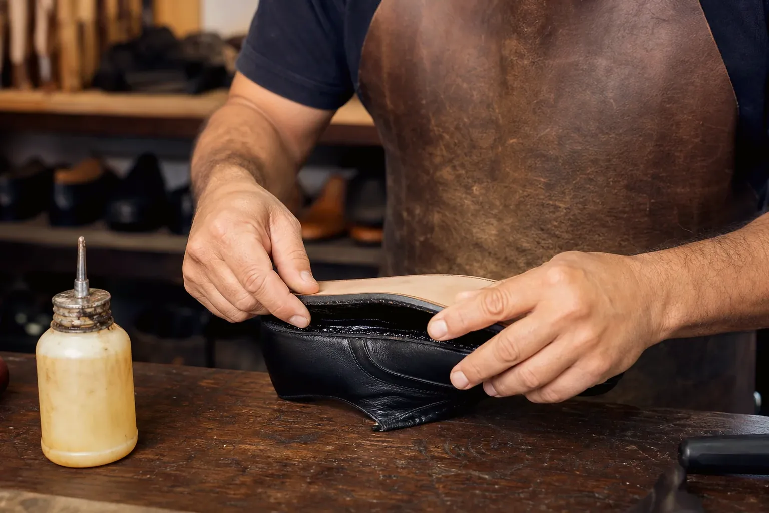 Sapateiro colando a sola de um calçado, com atenção aos materiais e ao trabalho.