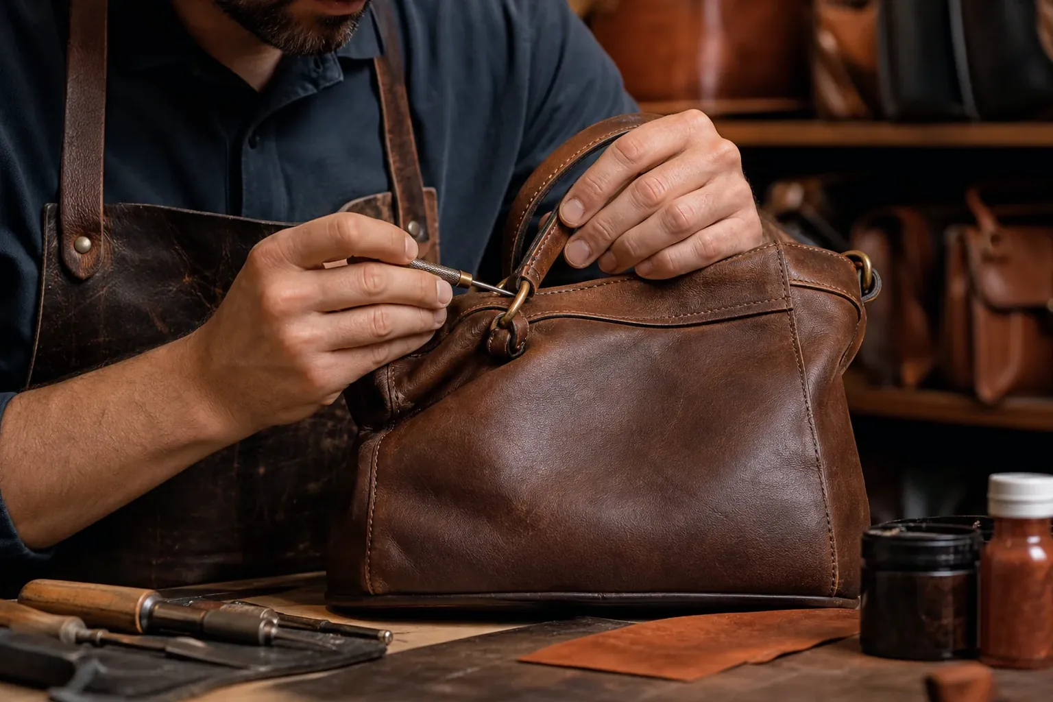 Sapateiro reformando uma bolsa de couro, com atenção aos detalhes e ao processo.